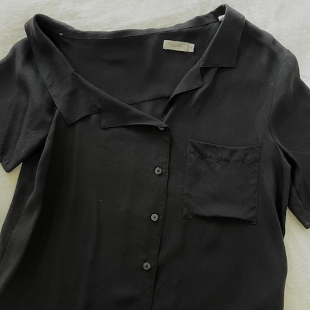 ALC Black Silk Asymmetrical Neckline Blouse